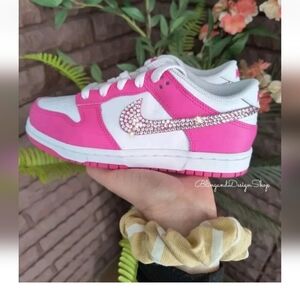 Nike Dunk Low Pink Girls Youth Size Sneakers Shoes made with Clear Crystals 7y